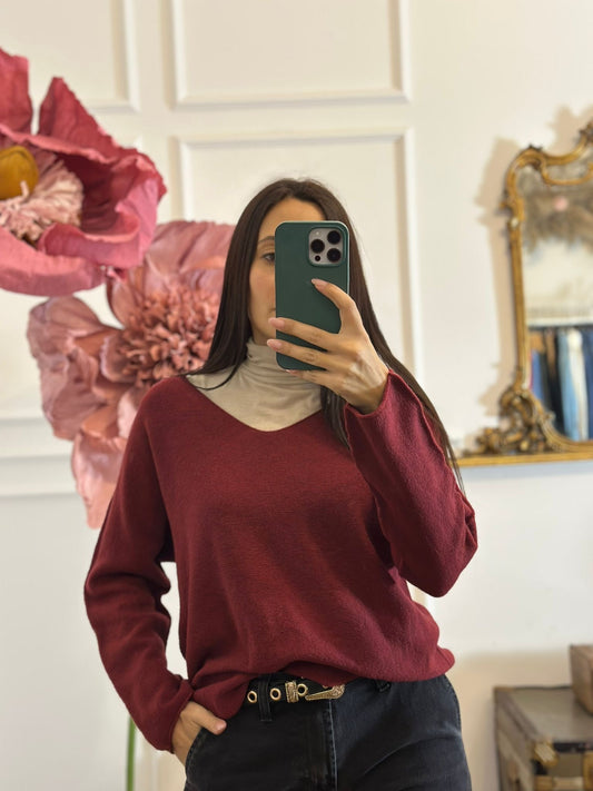 MAGLIA SCOLLO V IN VISCOSA BORDEAUX